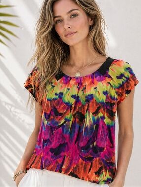Worthington Feather Print Blouse Neon Multicolor Pleated Neck Short Sleeve Small